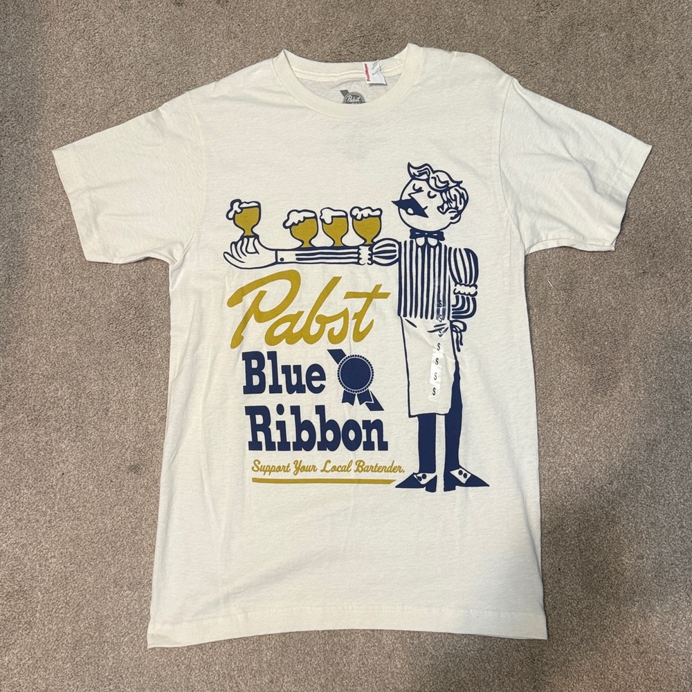 Pabst Blue Ribbon Cream & Blue Graphic Short Sleeve Tee Size S